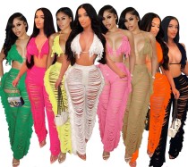 summer sexy women's fashion knitted hollow transparent tassel two-piece suit
