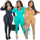 Fashion women's solid color Ribbed deep U-neck jumpsuit basics