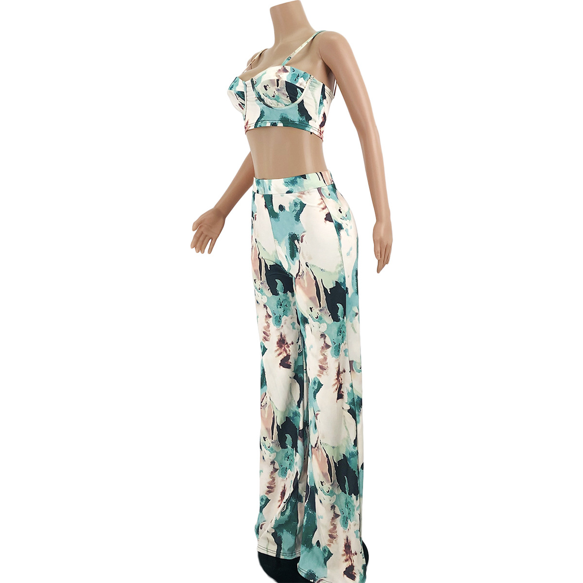 Women Summer Fashion Tie-Dye Straps Crop Top And Wide Leg Pant Two-Piece Set