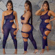 Women Mesh Slanted Shoulder Print Hollow Out Jumpsuit