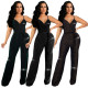 Women Sexy V-Neck With Belt Bright Silk Jumpsuit