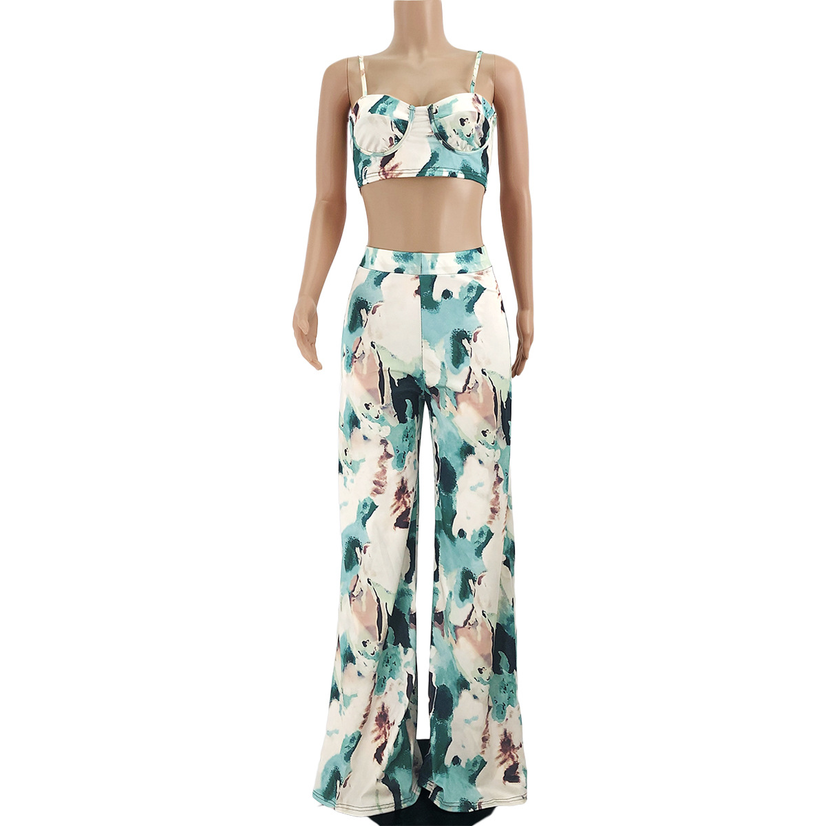 Women Summer Fashion Tie-Dye Straps Crop Top And Wide Leg Pant Two-Piece Set