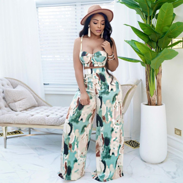Women Summer Fashion Tie-Dye Straps Crop Top And Wide Leg Pant Two-Piece Set