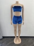 Women's Fashion Short SleeveVelvet Strapless Two Piece Shorts Set