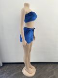 Women's Fashion Short SleeveVelvet Strapless Two Piece Shorts Set