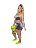 Women's Fashion Short SleeveVelvet Strapless Two Piece Shorts Set