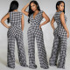 Women Sleeveless Deep V Houndstooth Print With Belt Jumpsuit