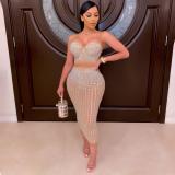 Two-piece nightclub beaded straps open waist Long Skirt Two Piece Set