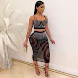 Two-piece nightclub beaded straps open waist Long Skirt Two Piece Set