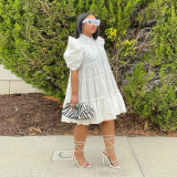 Spring/Summer Retro Court Style Pleated Puff Sleeve Loose Women Dress