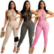 Fashion Rib Houndstooth Print Patchwrok Mesh Sleeveless Jumpsuit