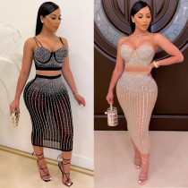 Two-piece nightclub beaded straps open waist Long Skirt Two Piece Set Two-piece nightclub beaded straps open waist Long Skirt Two Piece Set