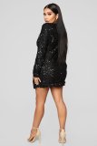 Women Sexy Black Sequins double breasted long sleeve career dress