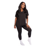 Women's summer solid color short sleeve split T-shirt pencil pants two piece set