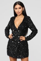 Women Sexy Black Sequins double breasted long sleeve career dress Women Sexy Black Sequins double breasted long sleeve career dress
