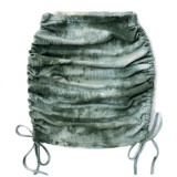 Women's Knitted Skirt Rib Drawstring Sexy Tie Dye slim Skirt