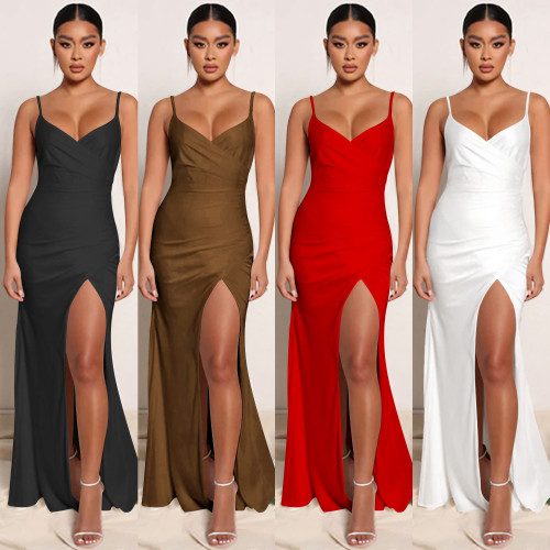 Fashionable and sexy tight-fitting solid color suspenders V-neck slit dress long dress women's dress