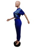Women Fashion Solid Contrast With Denim Top And Pant Two Piece Set