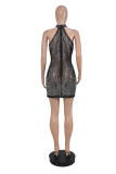 Women Sexy Mesh See Through Hollow Out Rhinestone Bodycon Dress