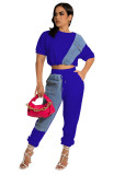 Women Fashion Solid Contrast With Denim Top And Pant Two Piece Set