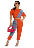 Women Fashion Solid Contrast With Denim Top And Pant Two Piece Set