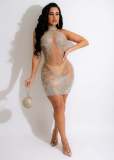 Women Sexy Mesh See Through Hollow Out Rhinestone Bodycon Dress