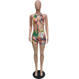 Women Tie-Dye Cutout Leaf Print Straps Romper (With Belt)