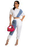 Women Fashion Solid Contrast With Denim Top And Pant Two Piece Set