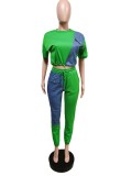 Women Fashion Solid Contrast With Denim Top And Pant Two Piece Set