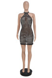 Women Sexy Mesh See Through Hollow Out Rhinestone Bodycon Dress
