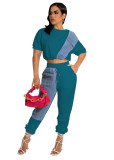 Women Fashion Solid Contrast With Denim Top And Pant Two Piece Set