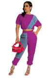 Women Fashion Solid Contrast With Denim Top And Pant Two Piece Set