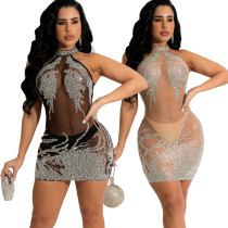 Women Sexy Mesh See Through Hollow Out Rhinestone Bodycon Dress Women Sexy Mesh See Through Hollow Out Rhinestone Bodycon Dress