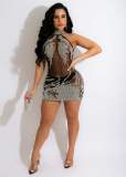 Women Sexy Mesh See Through Hollow Out Rhinestone Bodycon Dress