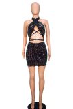 Women Sexy Backless Sequin Halter Bodycon Dress