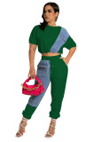 Women Fashion Solid Contrast With Denim Top And Pant Two Piece Set