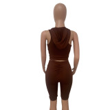 Summer Women's Hooded Pocket Sleeveless Zip Top Shorts Two-Piece Set