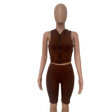 Summer Women's Hooded Pocket Sleeveless Zip Top Shorts Two-Piece Set