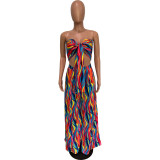 Women's Spring/Summer Colorful Print trapless Tube Top Wide Leg Pants Two Piece Set
