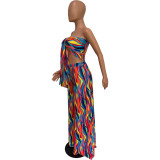 Women's Spring/Summer Colorful Print trapless Tube Top Wide Leg Pants Two Piece Set