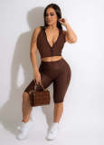 Summer Women's Hooded Pocket Sleeveless Zip Top Shorts Two-Piece Set