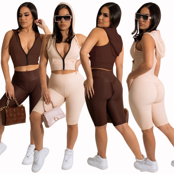 Summer Women's Hooded Pocket Sleeveless Zip Top Shorts Two-Piece Set