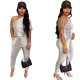 snake print slash shoulder short sleeve sexy home jumpsuit