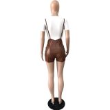 Women Short Sleeve Printed T-Shirt And Stretch Pu Leather Suspender Jumpsuit Two Piece Set