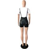 Women Short Sleeve Printed T-Shirt And Stretch Pu Leather Suspender Jumpsuit Two Piece Set