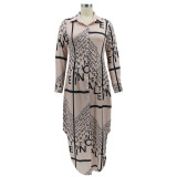 Women Letter Irregular Print Turndown Collar Long Sleeve Maxi Dress