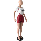 Women Short Sleeve Printed T-Shirt And Stretch Pu Leather Suspender Jumpsuit Two Piece Set