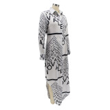 Women Letter Irregular Print Turndown Collar Long Sleeve Maxi Dress