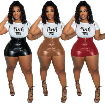 Women Short Sleeve Printed T-Shirt And Stretch Pu Leather Suspender Jumpsuit Two Piece Set