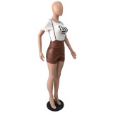 Women Short Sleeve Printed T-Shirt And Stretch Pu Leather Suspender Jumpsuit Two Piece Set